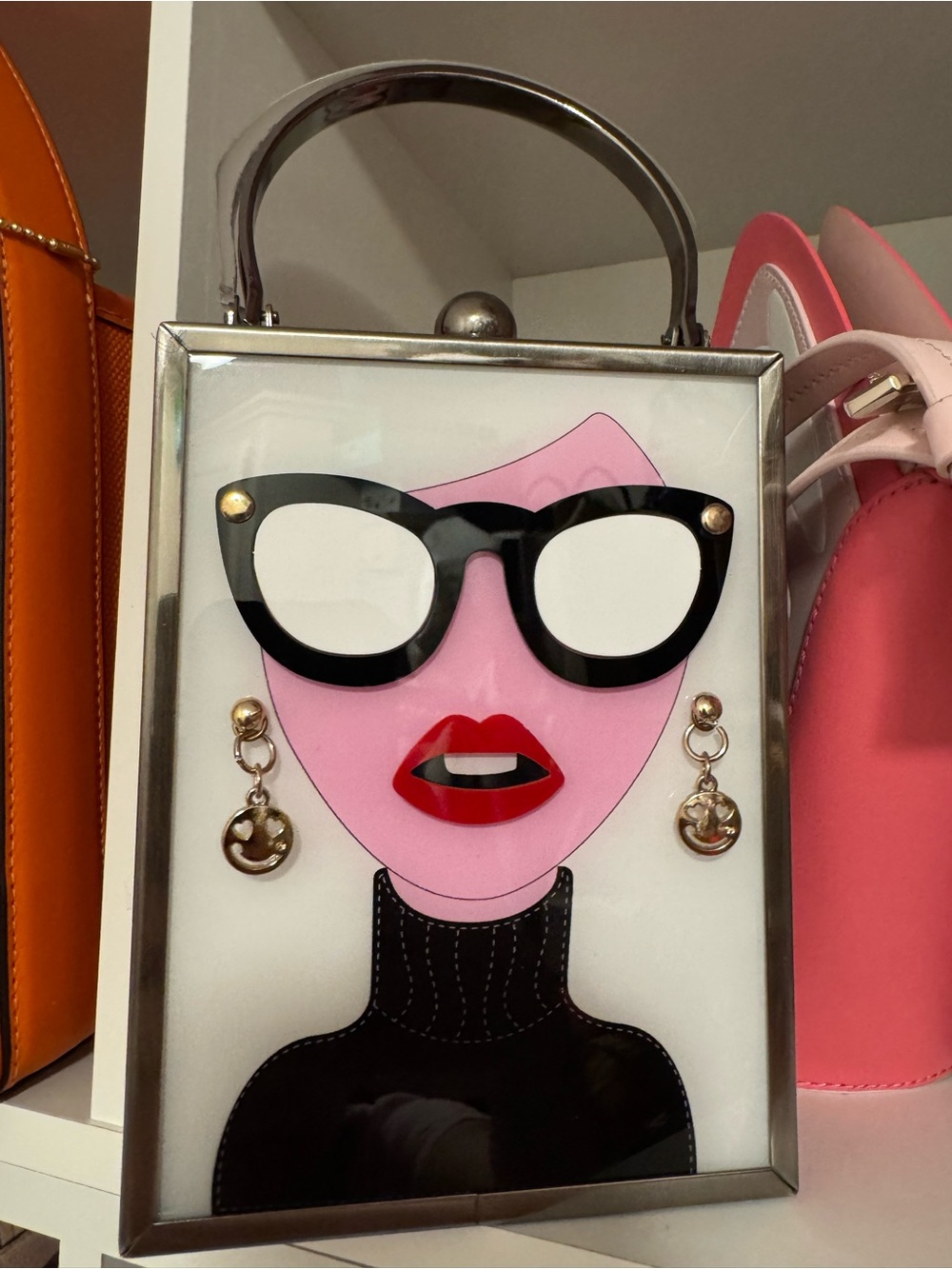 Novelty Handbag with Pink Face and Black Sunglasses Design
